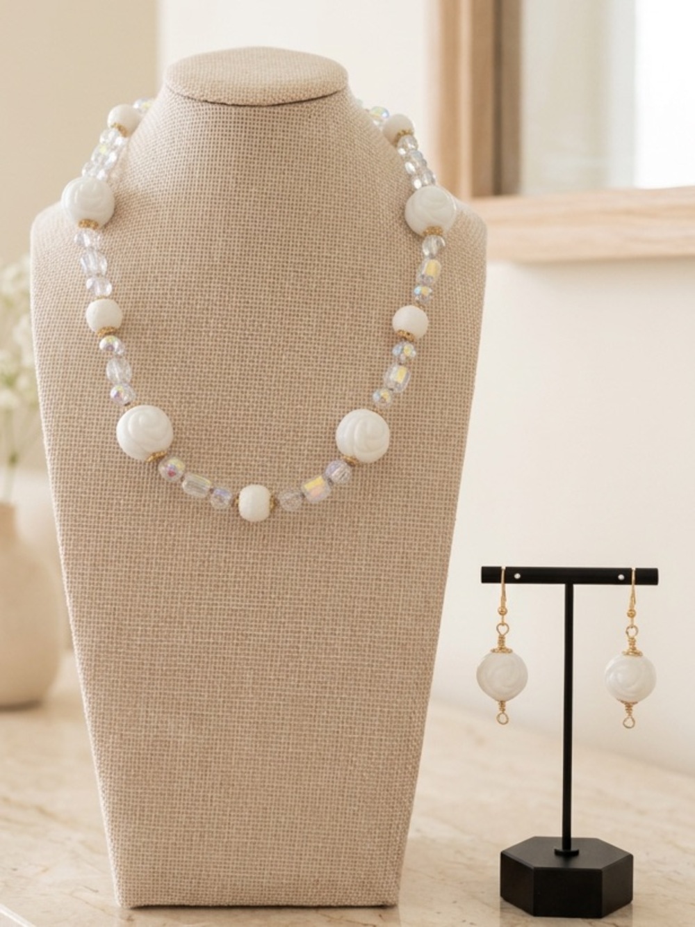 Elegant White Beaded Necklace and Earrings Set - Unbranded